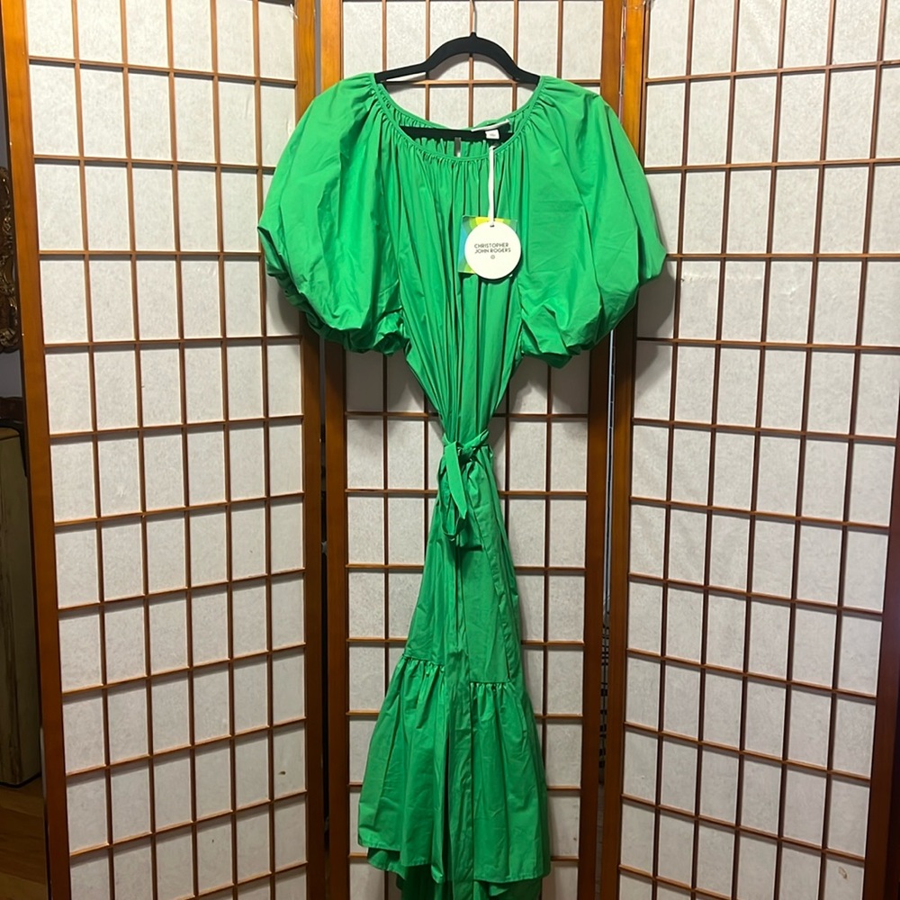 Christopher John Rogers Spring Green 100% Cotton Puff Sleeve Ruffle Bottom Dress